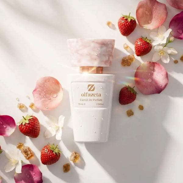 Chogan Parfum 163 – Blooming Skin – Lifestyle-Flatlay mit Erdbeeren, Jasminblüten, Rosenblättern und braunem Zucker