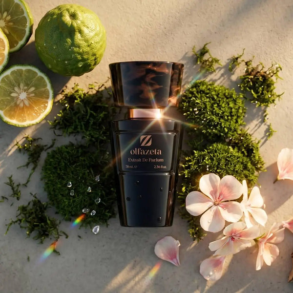 Chogan Parfum 164 – Unfold – Lifestyle-Bild mit Bergamotte, Geranie und Moos als Duftnoten-Flatlay